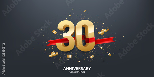 30th Anniversary celebration. 3D Golden numbers with confetti and red ribbon.