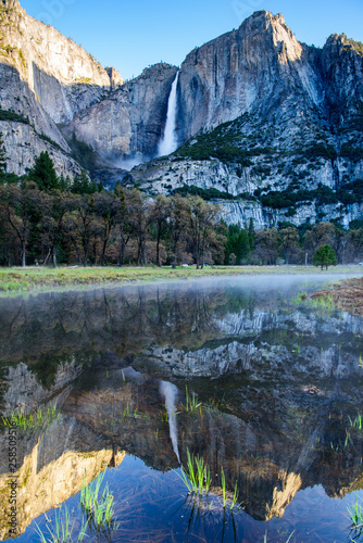 Yosemite Falls with its reflection at Sunrise, Background, California