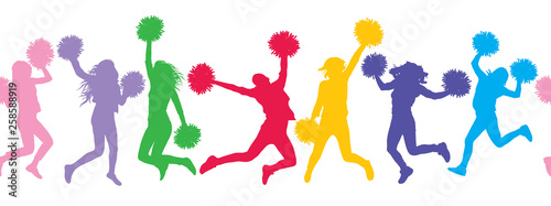 Seamless pattern of colorful silhouettes of jumping girls with poms (cheerleaders). Vector illustration