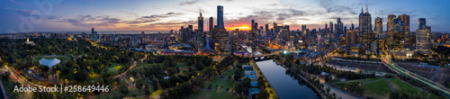 Melbourne Australia March 28th 2019 : Panoramic view of the beautiful city of Melbourne as captured from above the Yarra river at sunset