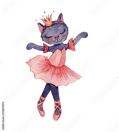 Watercolour illustration of a cute ballerina cat dressed in a coral tutu and wearing a golden crown isolated on white background