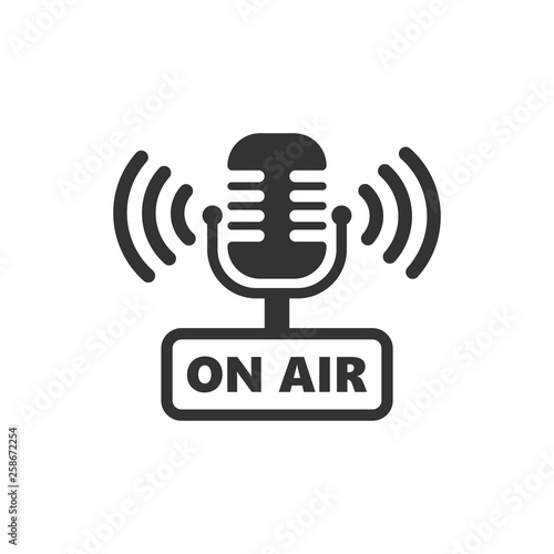 Microphone icon in flat style. Live broadcast vector illustration on white isolated background. On air business concept.