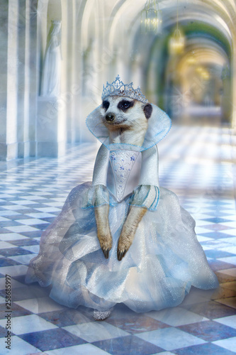 Beautiful cute princess (mouse, meerkat) in long light blue dress walks through corridors of fabulous palace, fairy godmother of Cinderella, fantasy poster