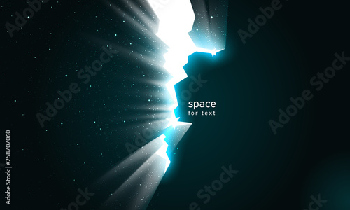 Light and stars in space from cracks in wall. Dark broken wall glow portal into space universe. Dark background with crack continuum for impressive design. Vector illustration, place for text