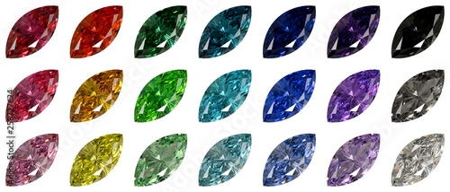 Set of multi colored marquise cut diamonds isolated on white background