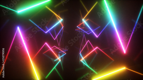 Abstract flying in futuristic corridor background, fluorescent ultraviolet light, mirror lines laser neon lines, geometric endless tunnel, 3d illustration, rainbow spectrum