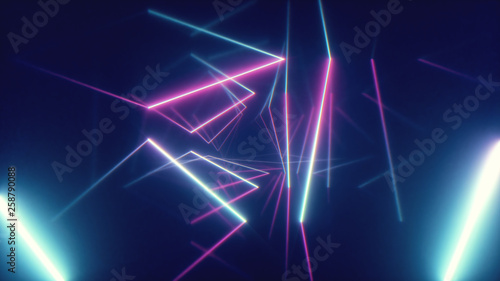 Abstract flying in futuristic corridor with triangles background, fluorescent ultraviolet light, colorful laser neon lines, geometric endless tunnel, blue pink spectrum, 3d illustration