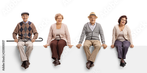 Two senior men and two senior women sitting on a white panel and posing