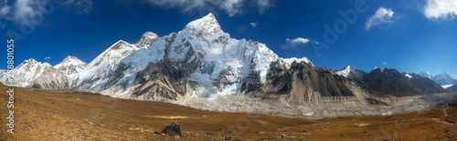 Panoramic view of mountains range: Everest, Lhotse and Nuptse. Khumbu Glacier. Sagarmatha national park, Nepal