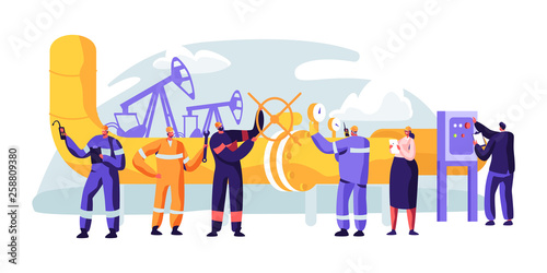 Oil Pipeline Service. Character Control and Checking Cathodic Protection Level. Surveillance Construction, Erosion or Leaks. Transportation Liquid or Gas. Flat Cartoon Vector Illustration