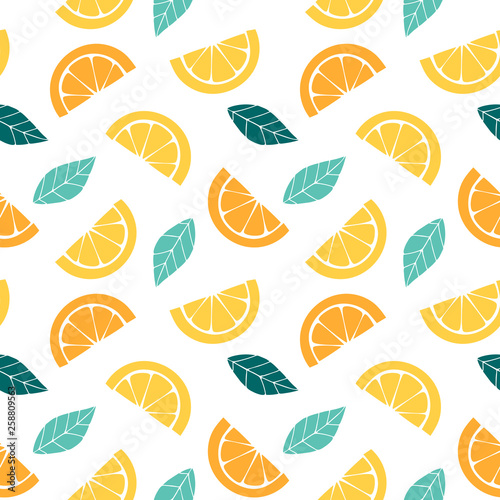 Seamless pattern with slices of citrus Graphic drawing of orange, lemon and leaves. Tropical background.