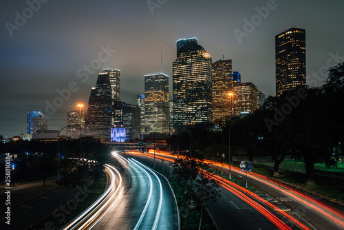 Long exposure of traffic on Allen Parkway and the Houston skyline at night, in Houston, Texas