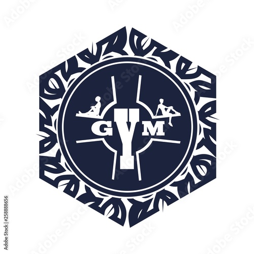 Sporty woman silhouette. Gym text. Emblem for sport club. Stamp in the shape of a circle