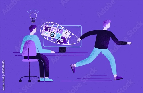 Creator sitting at desk and working and plagiarist or pirate stealing his ideas, content, work results. Concept of plagiarism and infringement of copyright. Flat cartoon colorful vector illustration.