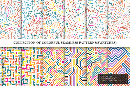 Collection of bright colorful seamless vector patterns - striped curve geometric design.