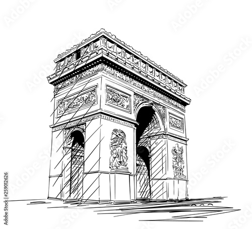 Sketch of Arc de Triomphe in Paris, France, Hand drawn illustration isolated