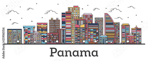 Outline Panama City Skyline with Color Buildings Isolated on White.