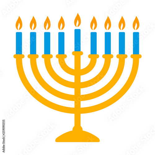 Hanukkah menorah candelabrum with nine lit candles flat vector color icon for holiday apps and websites