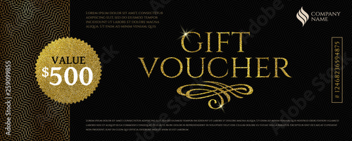 Gift voucher template with glitter gold elements. Vector illustration. Design for invitation, certificate, gift coupon, ticket, voucher, diploma etc.