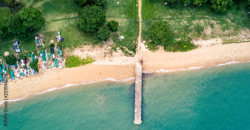Aerial bird's eye view drone picture of the beach in East-Coast Park in Singapore