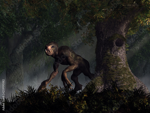 A creepy humanoid monster stalks a dark forest. This creature has big black eyes, dark mottled skin, long gangly arms, and sharp teeth and claws. It looks your way. 3D Rendering