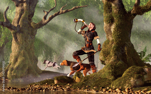 A woman wearing a black outfit with white fur trim carries a spear and is accompanied by a pair of hunting dogs. Sighting her quarry, the huntress sounds her horn. 3D Rendering