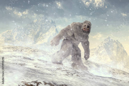 On a cold plain backed by jagged mountains a shaggy white beast trudges through the snow. Covered in long white hair and walking upright, this is the yeti, the abominable snowman. 3D Rendering
