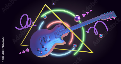 3D Render, retrowave art guitar