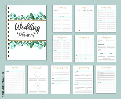 Wedding planer organizer with checklist, wish list, party time etc. Floral diary design for wedding organisation. Vector wedding planer.