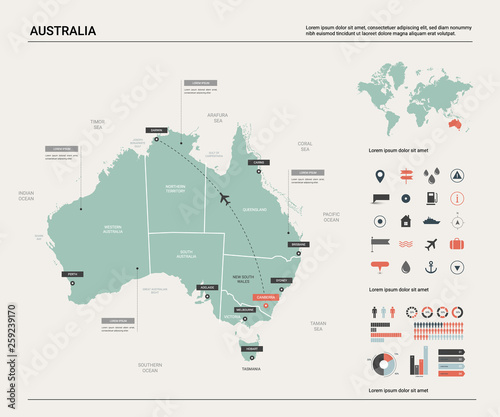 Vector map of Australia . High detailed map with division, cities and capital Canberra. Political map, world map, infographic elements.