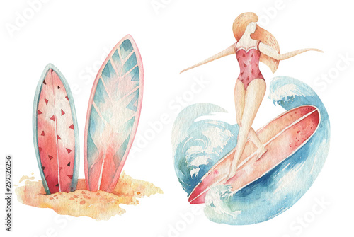 Watercolor ocean surf beach, adventure, surfers , fun holiday activity, tropical travel illustration. Island summer, retro car and surfboard.