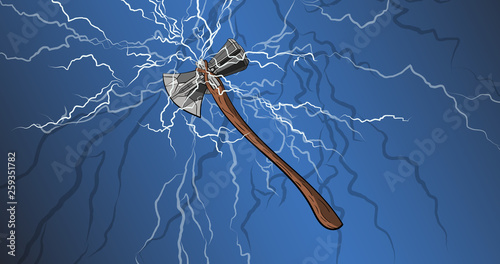 God weapon. Thor Stormbreaker. Cartoon axe weapon from avengers endgame.