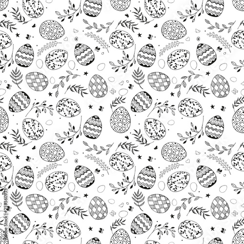 Seamless easter pattern with ornamental black hand drawn eggs, leaves, butterflies on white background. Easter holiday background. Vector illustration.