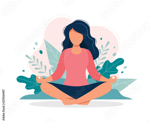 Woman meditating in nature and leaves. Concept illustration for yoga, meditation, relax, recreation, healthy lifestyle. Vector illustration in flat cartoon style