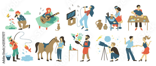 Talents and skills, hobbies vector. Photo and playing music, singing and pottery, puzzles and fishing, horse riding and cooking, astronomy and dancing