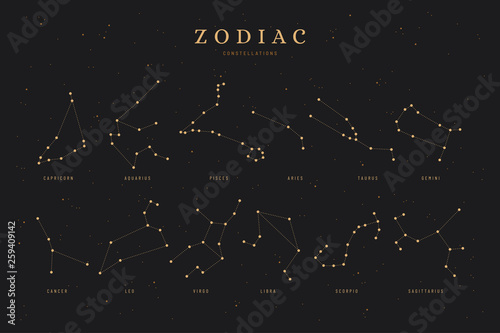 zodiac constellations on a dark night sky background with stars, astrology / astronomy spiritual vector design elements