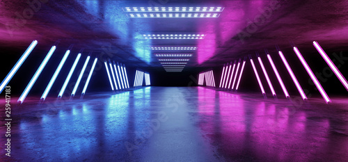 Triangle Pyramid Neon Glowing Sci Fi Purple Blue Futuristic Concrete Empty Grunge Reflective Room Vibrant Spectrum Fluorescent Luminous Lasers Hall Tunnel Corridor Alien Spaceship 3D Rendering