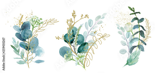 Watercolor floral illustration set - green & gold leaf branches collection, for wedding stationary, greetings, wallpapers, fashion, background. Eucalyptus, olive, green leaves, etc.