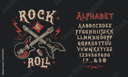 Font Rock & Roll. Hand crafted retro vintage typeface design. Handmade lettering. Authentic handwritten graphic alphabet. Vector illustration old badge label logo template.