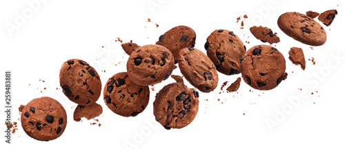 Falling broken chocolate chip cookies isolated on white background with clipping path