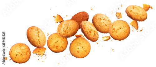 Falling broken chip cookies isolated on white background with clipping path