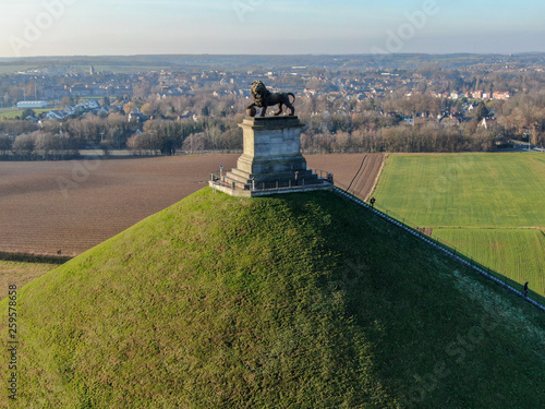 Aerial view of The Lion's Mound with farm land around. The immense Butte Du Lion on the battlefield of Waterloo where Napoleon died. Belgium