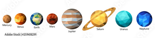 Set of triangle polygonal silhouette of solar system planets. Polygon design. Low poly art.