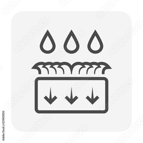 Stormwater and infiltration in lawn or drainage basin vector icon. Include cross section of soil, grass, rain, rainwater, groundwater to detention, retention and percolation into soil at underground.