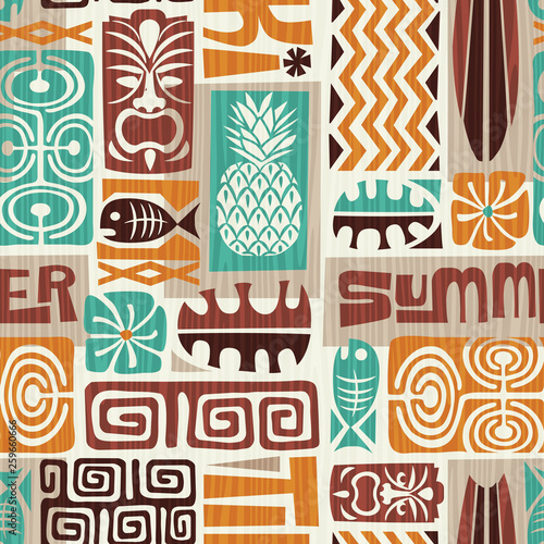 Seamless Exotic Tiki Pattern. Use for wallpaper, fabric patterns, backgrounds. Vector illustration