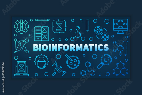 Bioinformatics concept blue outline banner on dark background. Vector linear illustration