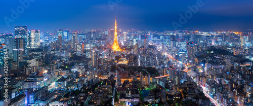 Panorama view over Tokyo tower and Tokyo cityscape view from Roppongi Hills at night in Tokyo at Japan