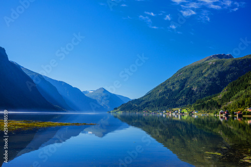 Beautiful Nature Norway natural landscape with fjord and mountain.