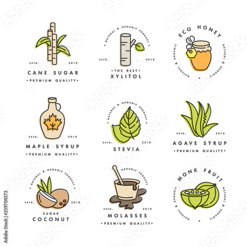 Vector set of logos, badges and icons for natural and organic products. Collection symbol of healthy products and sugar alternatives, natural substitutes.