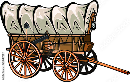 Wild west style wood covered wagon with barrel, shovel, saw and lantern. Hand-drawn western vector.